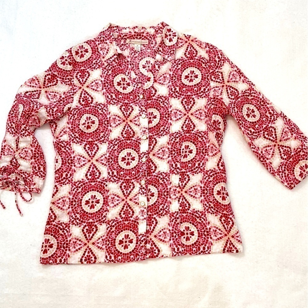 Women’s 100% linen button down 3/4 sleeve blouse, geometric red & beige 6 petite